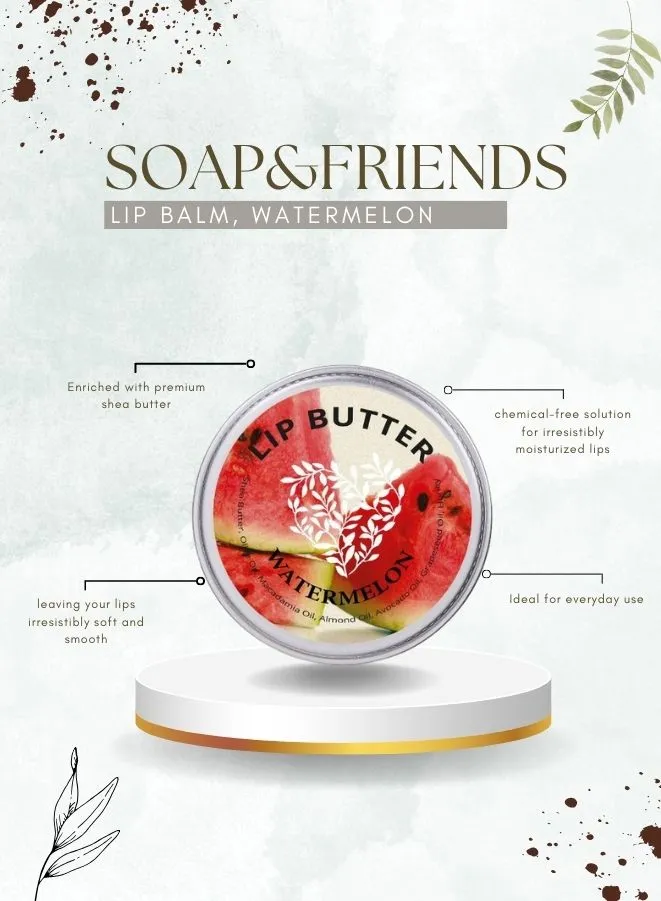 Soap&Friends Watermelon Lip Balm, 15ml | Shea Butter Natural Lip Balm for Soft and Smoother Lips